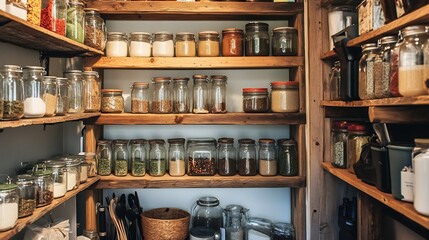 Topdown view of farmhouse pantry with reclaimed wood shelving natural materials and organized glass jars for an aesthetic storage solution