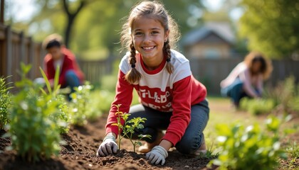Girl plants sprout in garden. Kids help to plant seedlings. Child volunteer gardening. Group of children gardening in backyard on sunny day. Volunteer work, eco project. Spring time activity.