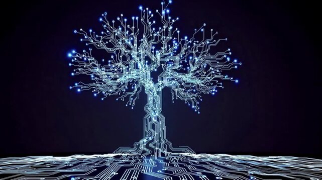Particle growth technology big tree blue lines and glowing particles flow, light flows on the ground
