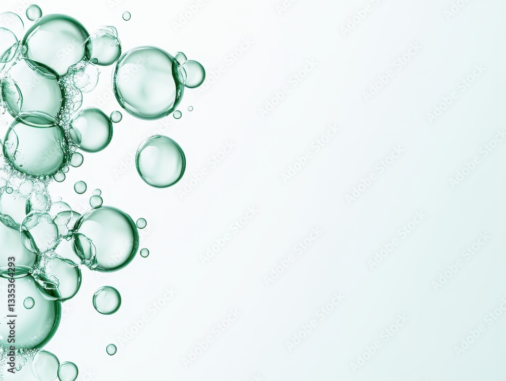 Poster abstract composition of green bubbles floating on a light background