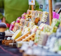 Handmade soap bars on display at craft market