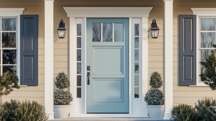 A cozy farmhouse front door with light blue glass panels and bright white trim, flanked by simple potted plants and small decorative trees