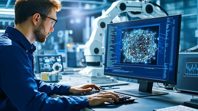 Software engineer coding a neural network for advanced robotics applications.