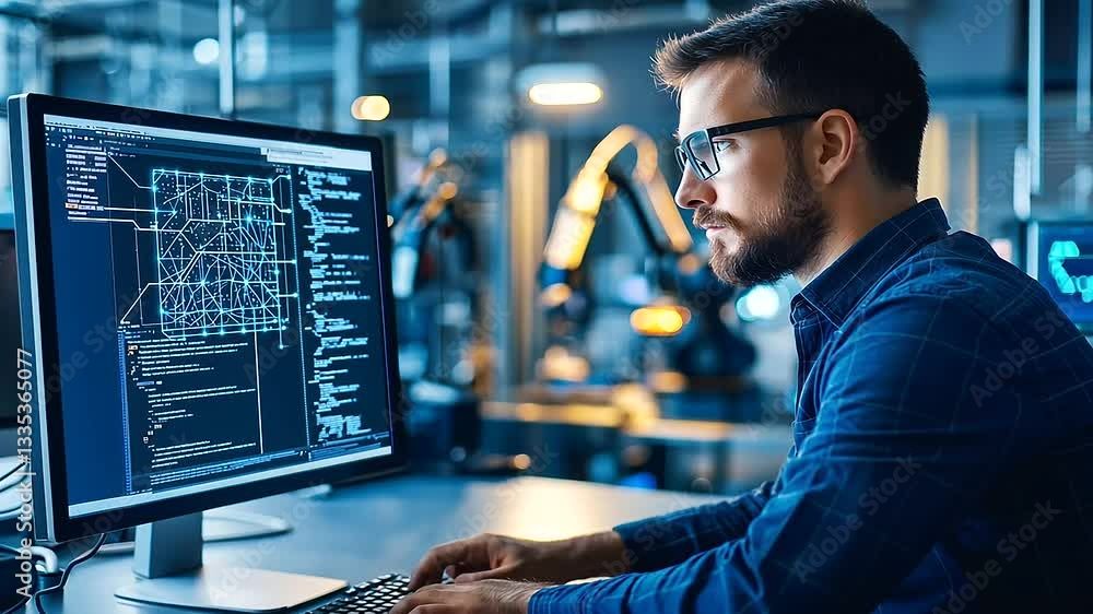 Poster a software developer codes a neural network in a cutting-edge tech environment.