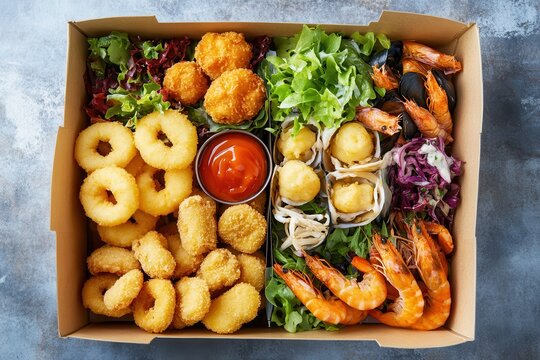 Seafood platter Overhead view of a box containing various seafood items like fish bites fritters shrimp squid mussels and salads