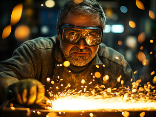 senior male sheet metal worker with safety glasses cutting aluminum with plasma torch