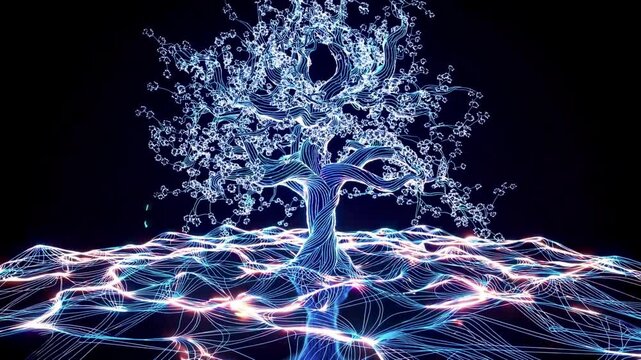 Particle growth technology big tree blue lines and glowing particles flow, light flows on the ground