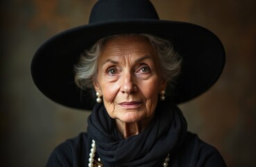 Elegant portrait of beautiful senior woman wearing black hat. Elder lady looks at camera. Caucasian mature woman with pearl earrings, scarf, pearls necklace exudes confidence and style.