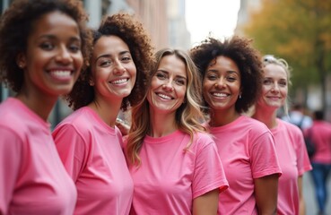 Group portrait of women breast cancer awareness advocates wearing pink clothes on street. Brest cancer health campaign, solidarity, support, treatment, prevention. Diverse cheerful females celebrate