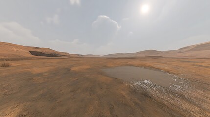 A vast and desolate landscape with a body of muddy water
