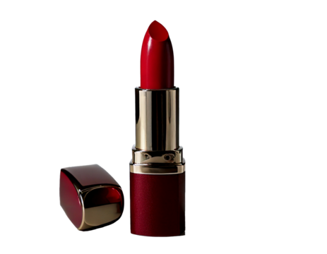 3D model of a red lipstick standing upright with a sleek metallic case and a smooth bullet tip on a white background, illuminated by studio lighting. This photo can be used for beauty product advertis