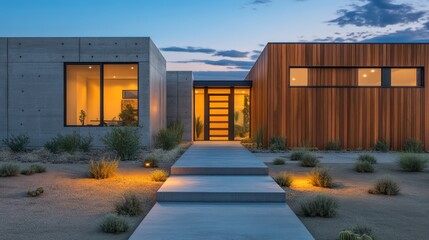 Obraz premium A desert home with modern wood cladding and concrete walls, featuring a large front door and a concrete walkway leading up to it