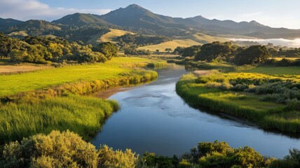 Fototapeta premium Serene River Landscape in Lush Green Valley with Rolling Hills