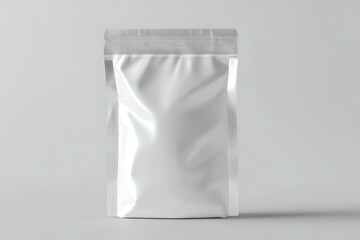 Product template mockup white creative design Realistic blank stand up pouch bag mockup plastic pouch blank with Ziplock Front view on gray background. Shiny silver package for template your design