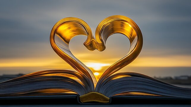 Heart made of book pages. Sunset romance concept