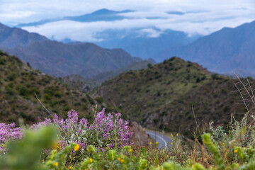 Fototapeta premium A breathtaking view from Meghri Pass in Syunik (Zangezur), Armenia, overlooking rugged mountains and Meghri valley. The misty, cloud-covered peaks enhance the dramatic landscape