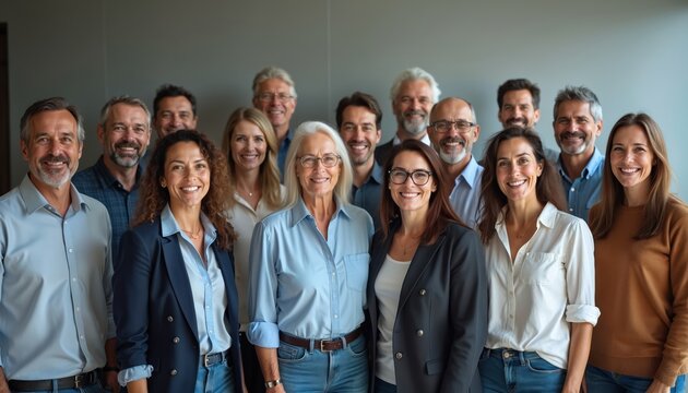 Diverse group of happy smiling mature adults inside studio look at camera. Multi-ethnic team wears business casual clothing. People diverse with various ethnicities, genders. Positive business