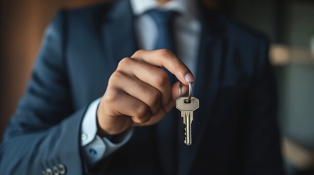 Real estate agent handed over the key to new home, marking a successful investment in business of property, whether it be a house or an apartment. Real estate agent giving house key to customers.
