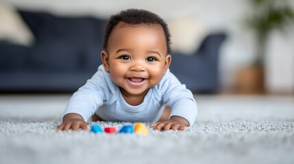 Happy African American baby crawling on carpet.