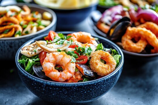 Seafood starters Zoomed in shot of various bowls containing dishes like crab salad fish bites calamari and mussels