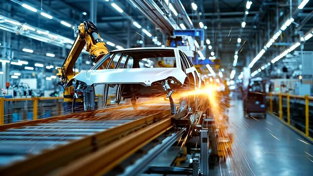 Cutting-edge robotics streamline eco-friendly electric vehicle manufacturing in a state-of-the-art facility.
