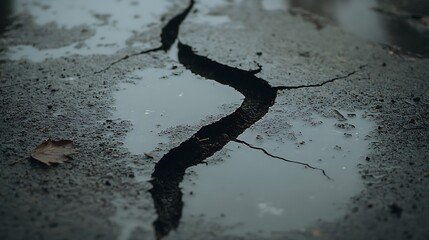 Close up photo showing a cracked road with puddles of water