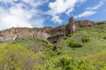Fototapeta premium The Arpa River Gorge in Vayots Dzor, Armenia, features unique basalt columns, known as the Symphony of Stones or Basalt Organ, shaped by volcanic activity, erosion, and geological processes