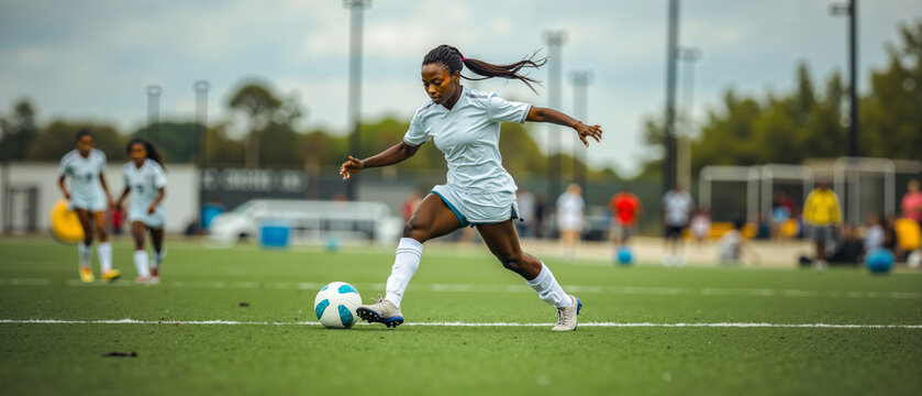 A woman kicking a soccer ball on a soccer field