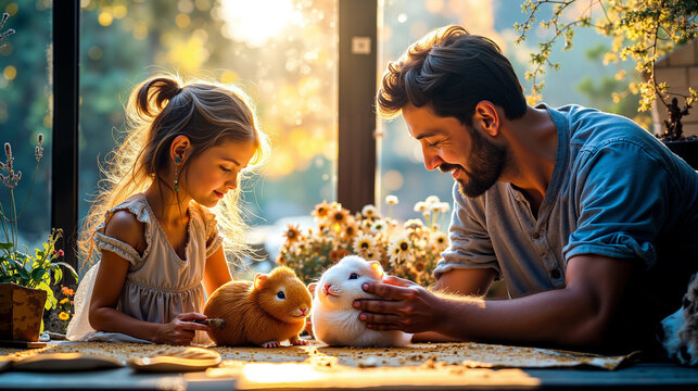 A man and a little girl petting guinea pigs at a table
