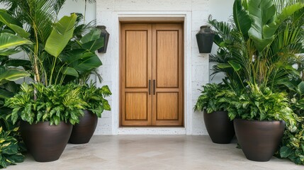 A front entrance with a stunning wood door framed by bright white stone walls