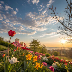 sunset over the field of flowers