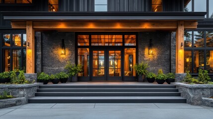 A front view of an elegant upscale home with dark gray stone walls and wood accents