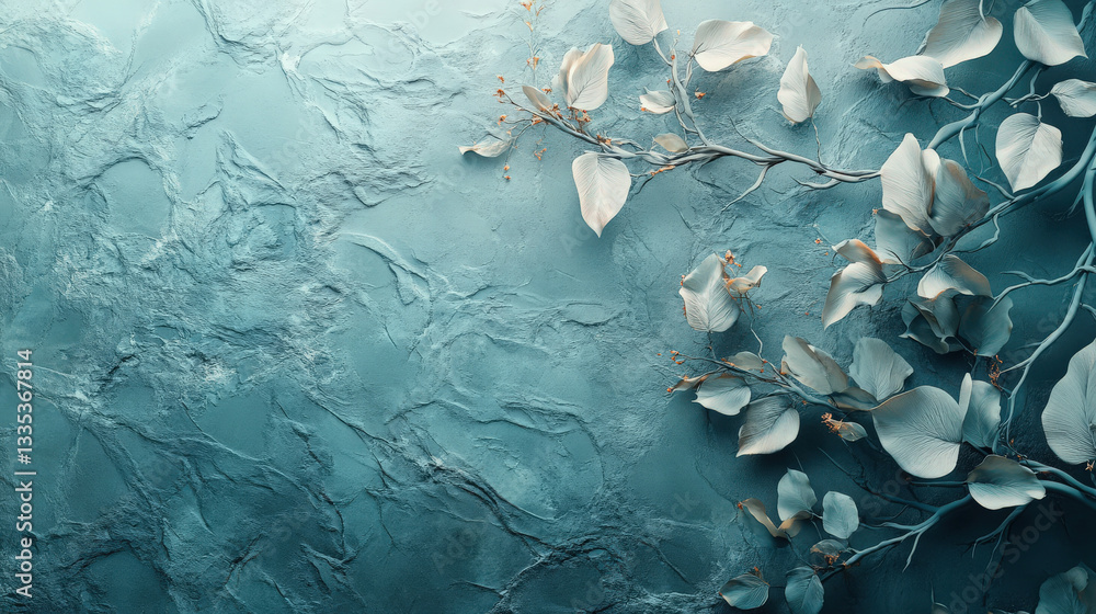 Poster textured blue depth scene. a textured blue background with branches and leaves features an artful 3d