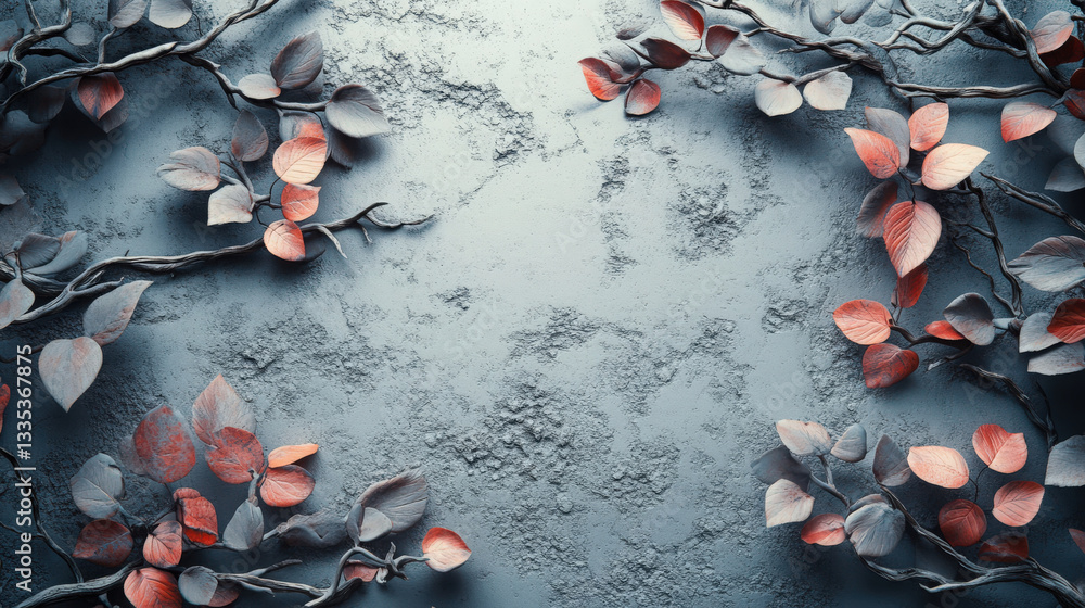Poster 3d textured leafy branches. 3d render of textured branches with leaves in muted colors, creating a v
