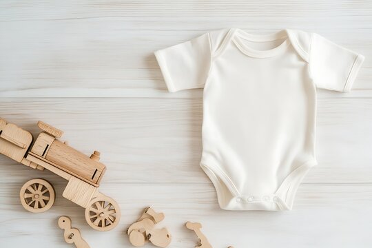 Above flat lay view white blank baby bodysuit POD mockup wooden toy train locomotive boho rail theme natural beige modern lux print demand mockup babies toddler clothing background
