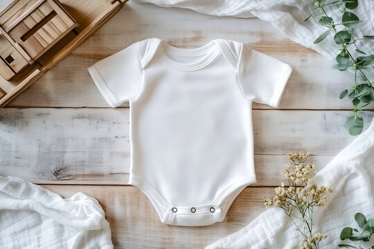 Above flat lay view white blank baby bodysuit POD mockup wooden toy train locomotive boho rail theme natural beige modern lux print demand mockup babies toddler clothing background