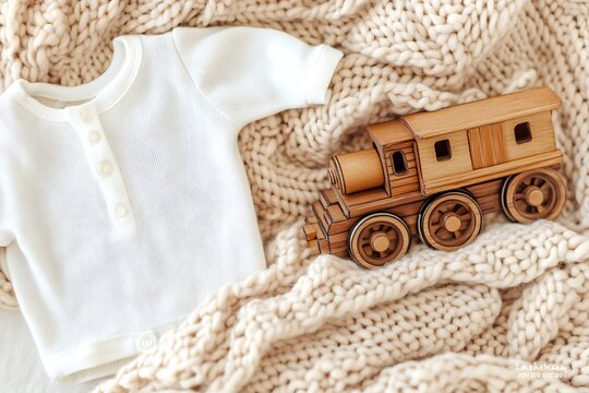Above flat lay view white blank baby bodysuit POD mockup wooden toy train locomotive boho rail theme natural beige modern lux print demand mockup babies toddler clothing background