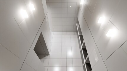 Fototapeta premium Topdown view of minimalist hallway with monochrome tiles sleek builtin shelving and recessed lighting along the walls