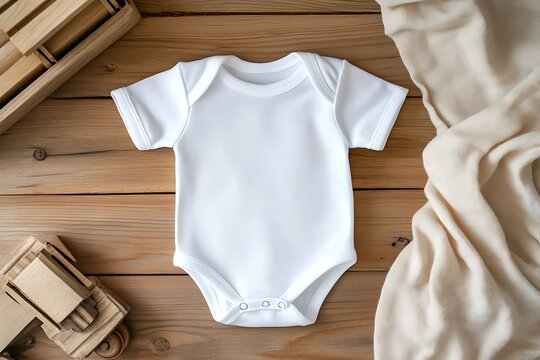 Above flat lay view white blank baby bodysuit POD mockup wooden toy train locomotive boho rail theme natural beige modern lux print demand mockup babies toddler clothing background