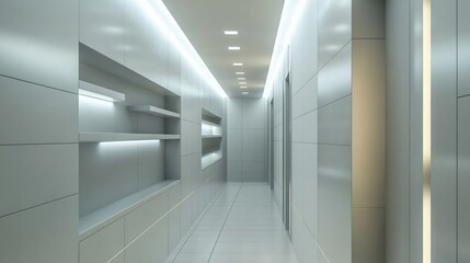 Topdown view of minimalist hallway with monochrome tiles sleek builtin shelving and recessed lighting along the walls