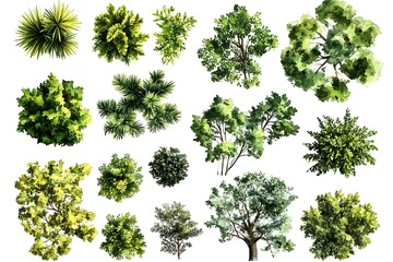 Fototapeta premium Various green trees, bushes and shrubs, top view for landscape design plan. Vector watercolor illustration, isolated on white background.