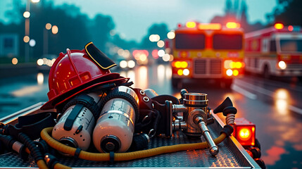 Obraz premium A fireman's helmet and fire extinguisher on the back of a fire truck