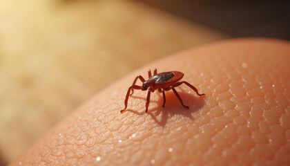 Obraz premium Single tick isolated on sunlit photorealistic skin during afternoon with high contrast lighting