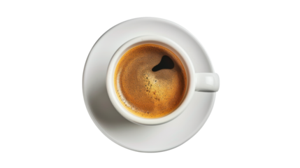 Aromatic coffee filling a white cup on a matching saucer with transparent background