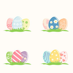 Colorful decorated Easter eggs with floral, geometric, leaves, patterns on the grass. Flat vector illustration style. Easter celebration holiday concept.