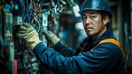 Male asian electrician working on electrical panel with focus