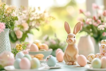 A beautifully decorated Easter table with pastel-colored eggs, bunny figurines, and spring flowers in soft focus