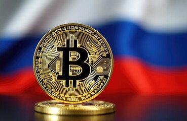 Cryptocurrency Bitcoin coin on blurred Russia flag background. Countermeasure against financial sanctions, economic crisis. Crypto payment solution, investment opportunity, ruble devaluation, digital