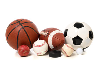 A group of sports balls including cricket, baseball, softball, football, soccer, basketball, golf, and hockey