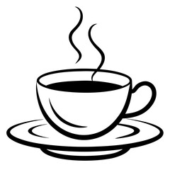 A clean and minimalistic black-and-white line art illustration of a steaming coffee cup on a saucer 